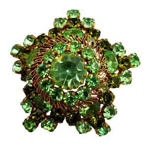Star Dome Green Rhinestone Brooch Austria Peridot Crystal Pin Gold Filigree